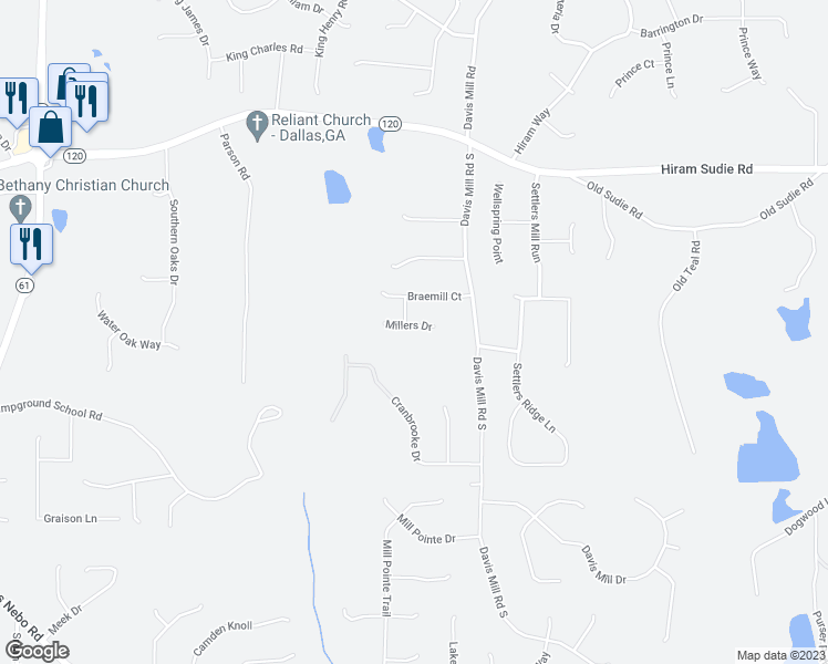 map of restaurants, bars, coffee shops, grocery stores, and more near 53 Millers Drive in Dallas