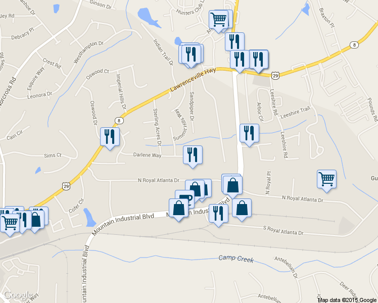 map of restaurants, bars, coffee shops, grocery stores, and more near 2662 Northforke Court in Tucker