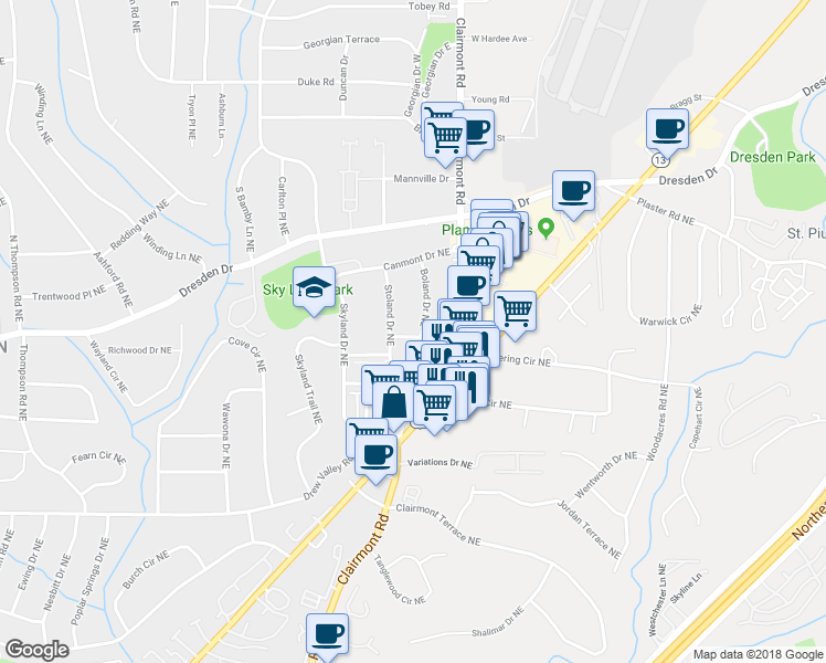 map of restaurants, bars, coffee shops, grocery stores, and more near 1892 Raven Hill Drive Northeast in Atlanta
