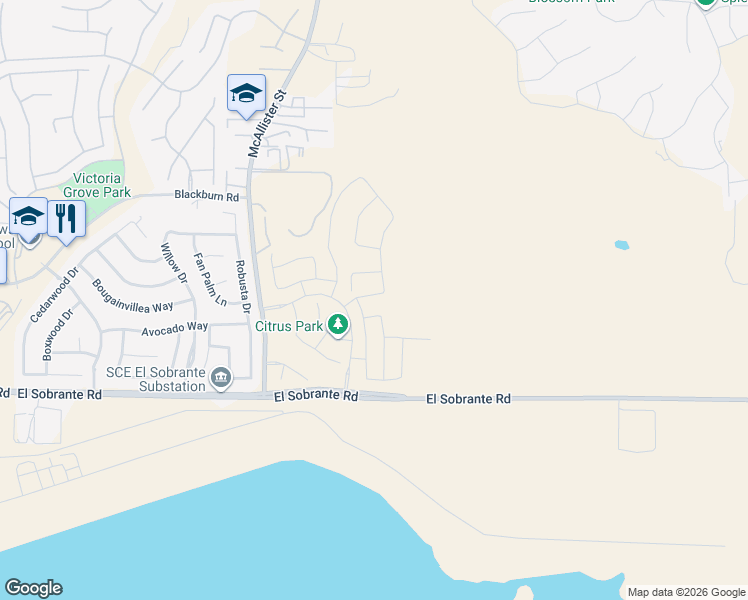 map of restaurants, bars, coffee shops, grocery stores, and more near 13037 York Mountain Drive in Riverside