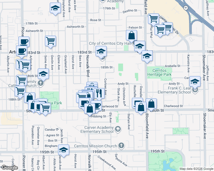 map of restaurants, bars, coffee shops, grocery stores, and more near 12336 Andy Street in Cerritos