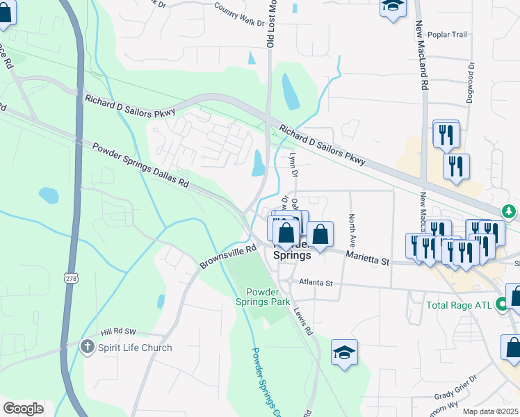 map of restaurants, bars, coffee shops, grocery stores, and more near 4506G Cemetery Street in Powder Springs
