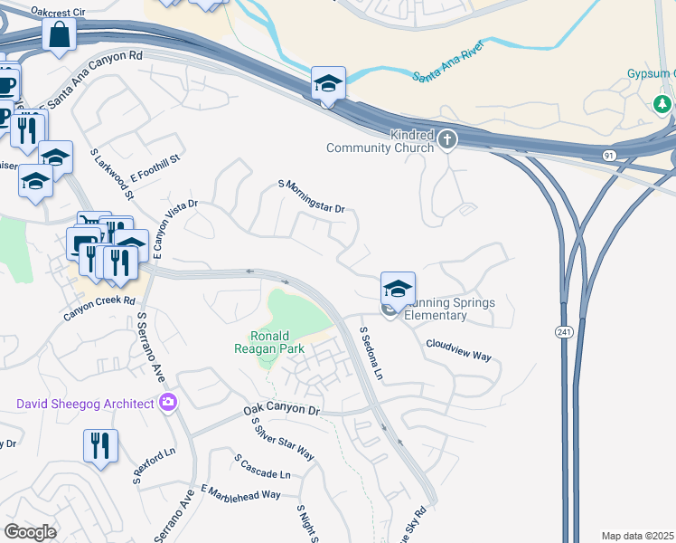 map of restaurants, bars, coffee shops, grocery stores, and more near 8620 East Sunnywalk Lane in Anaheim