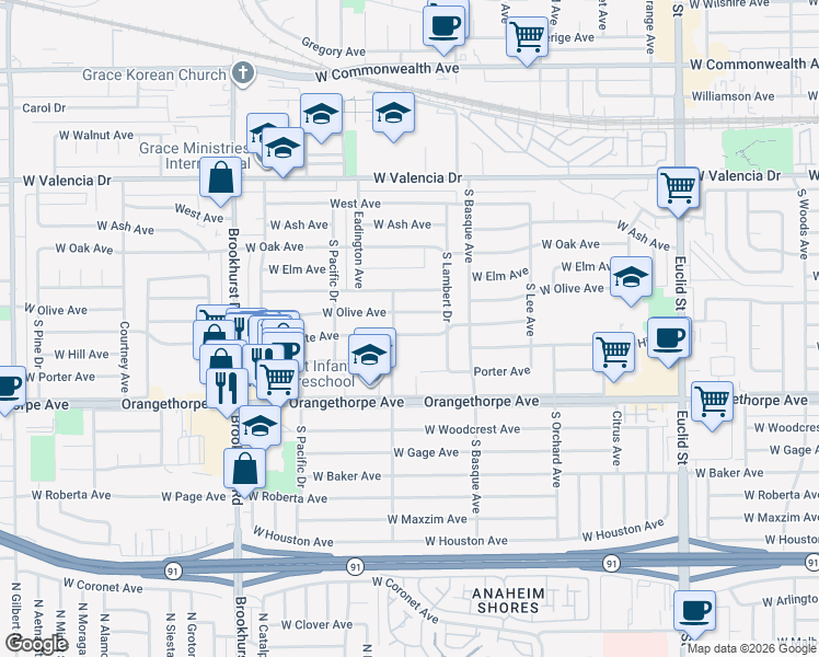 map of restaurants, bars, coffee shops, grocery stores, and more near 1467 West Southgate Avenue in Fullerton