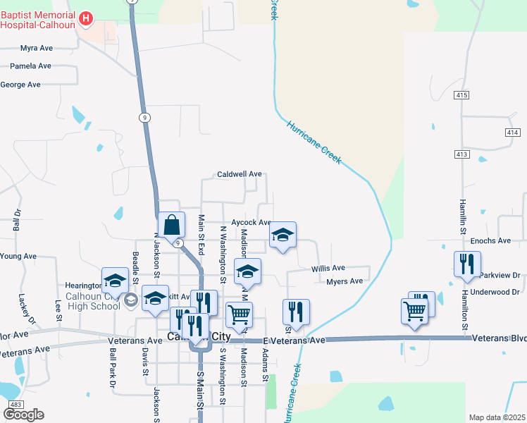 map of restaurants, bars, coffee shops, grocery stores, and more near 408-410 Edmonson Street in Calhoun City