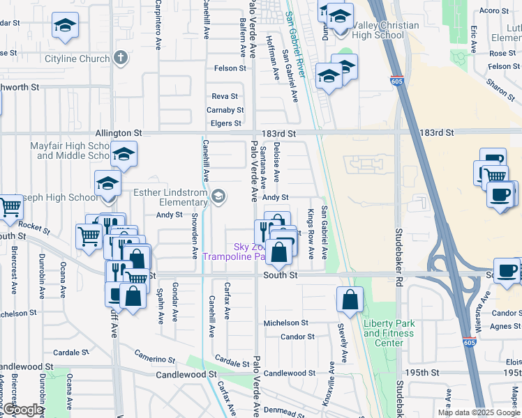 map of restaurants, bars, coffee shops, grocery stores, and more near 18620 Palo Verde Avenue in Cerritos