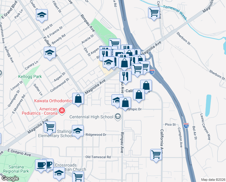 map of restaurants, bars, coffee shops, grocery stores, and more near 1550 Rimpau Avenue in Corona