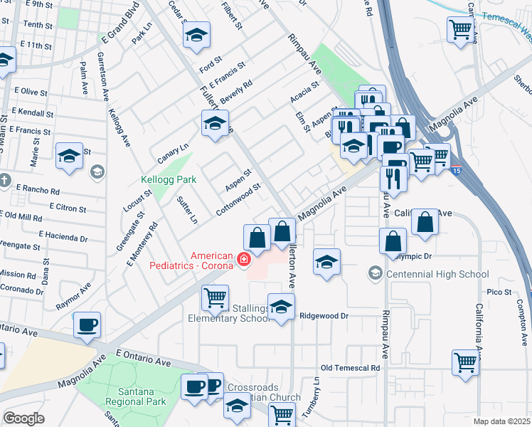 map of restaurants, bars, coffee shops, grocery stores, and more near 851 Tangerine Street in Corona