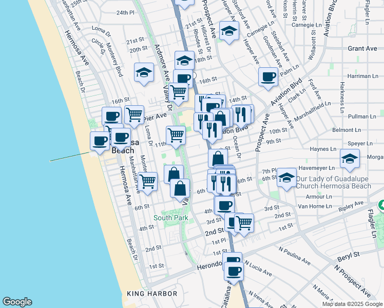 map of restaurants, bars, coffee shops, grocery stores, and more near 625 9th Street in Hermosa Beach