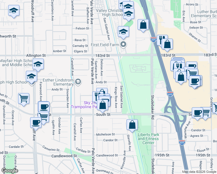 map of restaurants, bars, coffee shops, grocery stores, and more near 18706 Rhine Place in Cerritos