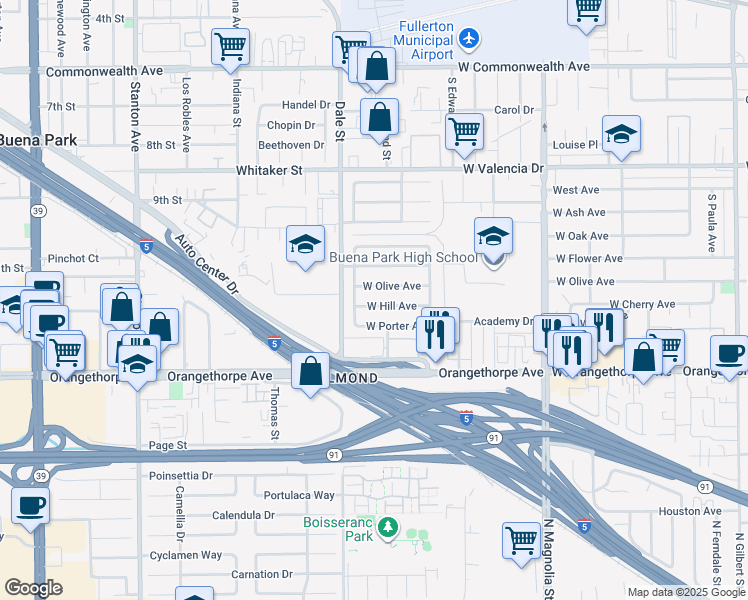 map of restaurants, bars, coffee shops, grocery stores, and more near 4267 West Hill Avenue in Fullerton