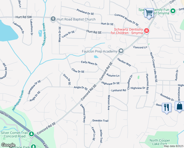 map of restaurants, bars, coffee shops, grocery stores, and more near 3820 Cline Drive Southeast in Smyrna