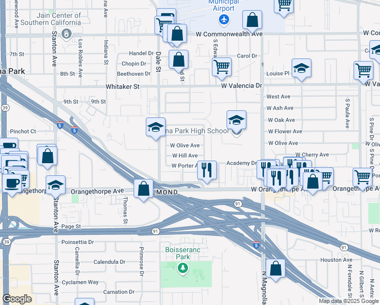 map of restaurants, bars, coffee shops, grocery stores, and more near 4231 West Hill Avenue in Fullerton