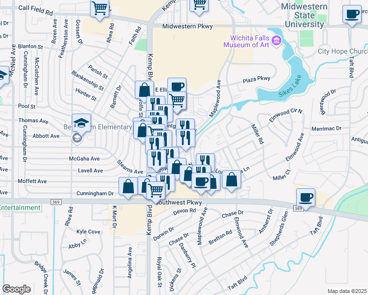 map of restaurants, bars, coffee shops, grocery stores, and more near 2599 Mallard Drive in Wichita Falls
