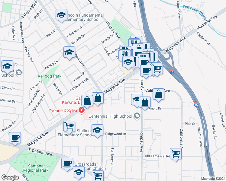 map of restaurants, bars, coffee shops, grocery stores, and more near 1761 Forum Way in Corona
