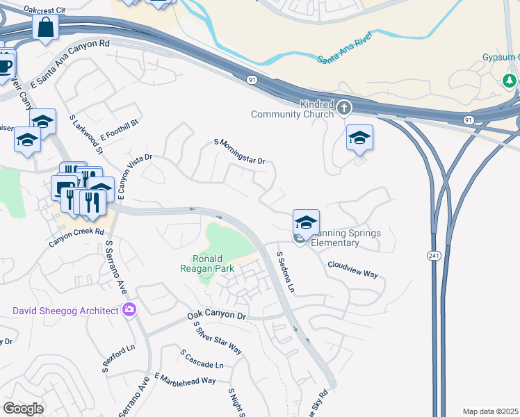 map of restaurants, bars, coffee shops, grocery stores, and more near 8620 East Sunnywalk Lane in Anaheim