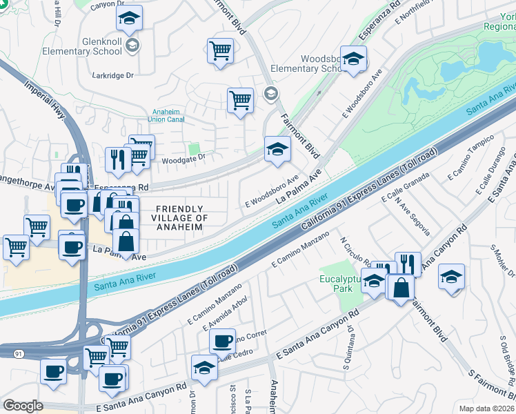 map of restaurants, bars, coffee shops, grocery stores, and more near 1204 North Big Spring Street in Anaheim