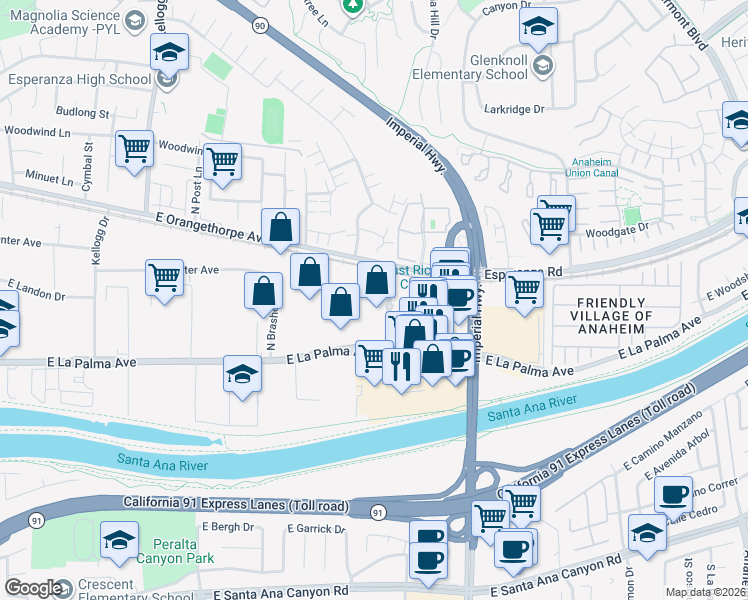 map of restaurants, bars, coffee shops, grocery stores, and more near 5515 East La Palma Avenue in Anaheim