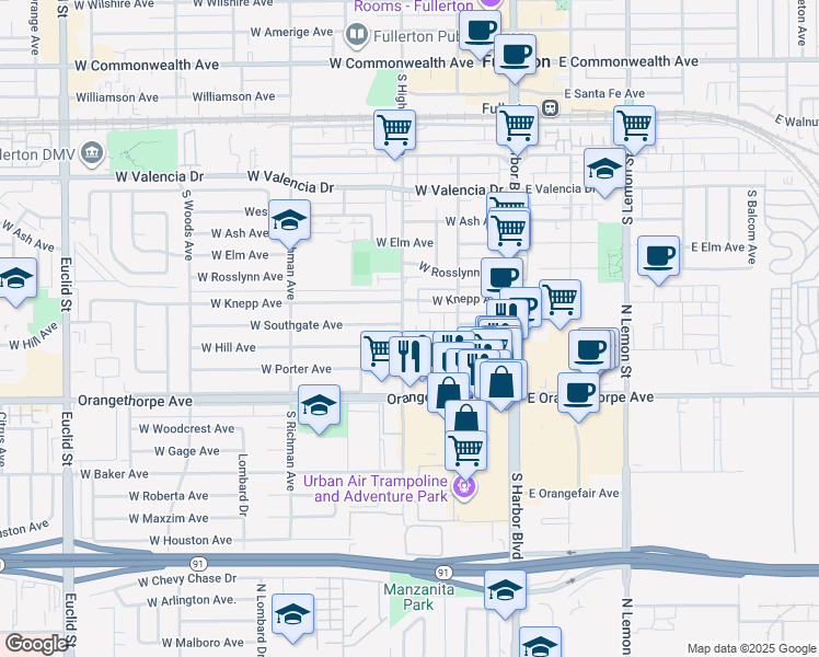 map of restaurants, bars, coffee shops, grocery stores, and more near 52 West Hill Avenue in Fullerton