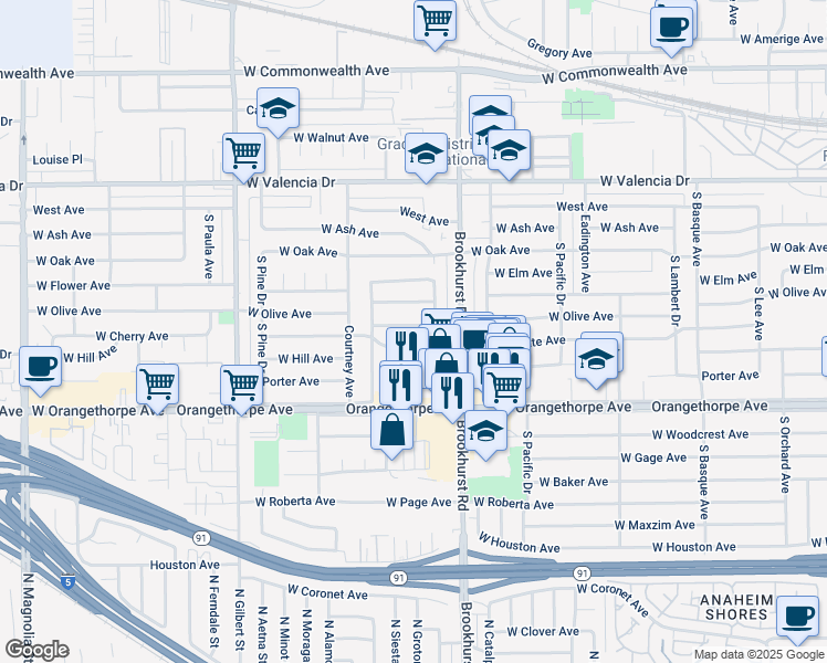 map of restaurants, bars, coffee shops, grocery stores, and more near 1836 West Southgate Avenue in Fullerton