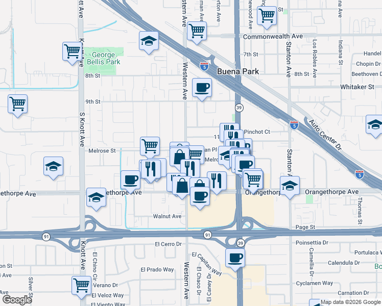 map of restaurants, bars, coffee shops, grocery stores, and more near in Buena Park