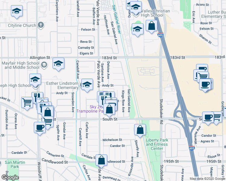 map of restaurants, bars, coffee shops, grocery stores, and more near 18717 Del Rio Place in Cerritos