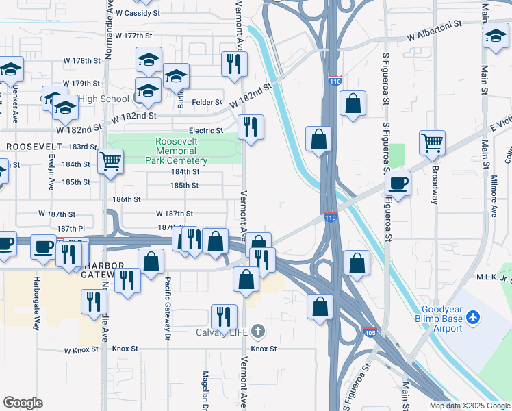 map of restaurants, bars, coffee shops, grocery stores, and more near Vermont Avenue in Gardena