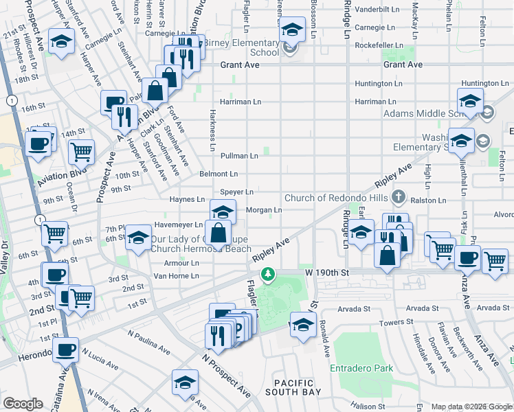 map of restaurants, bars, coffee shops, grocery stores, and more near 1905 Havemeyer Lane in Redondo Beach