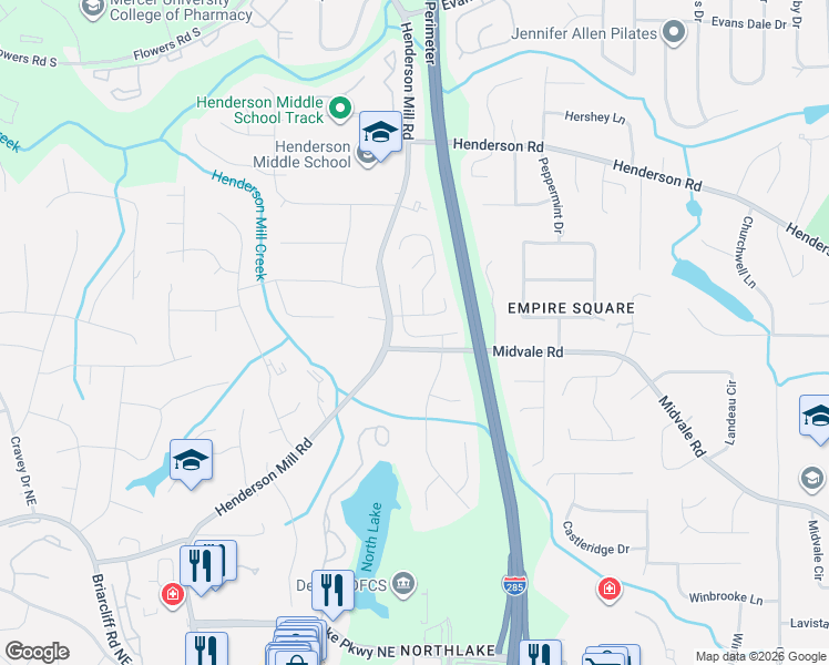 map of restaurants, bars, coffee shops, grocery stores, and more near 3374 Glenrose Trail in Atlanta
