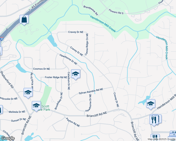 map of restaurants, bars, coffee shops, grocery stores, and more near 2549 Hawthorne Drive Northeast in Atlanta