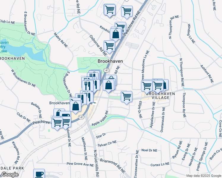 map of restaurants, bars, coffee shops, grocery stores, and more near 2587 Apple Valley Road in Atlanta