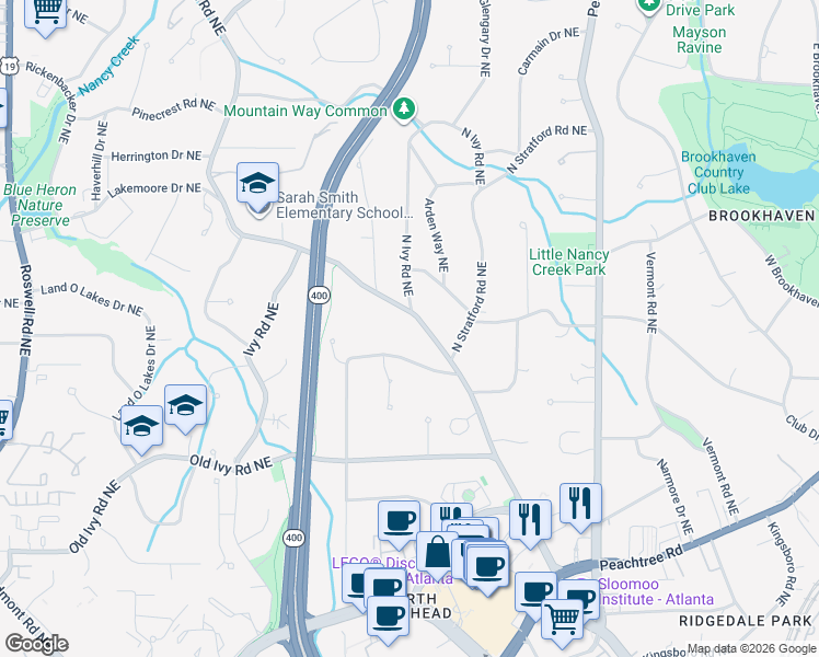 map of restaurants, bars, coffee shops, grocery stores, and more near 3842 North Stratford Road Northeast in Atlanta