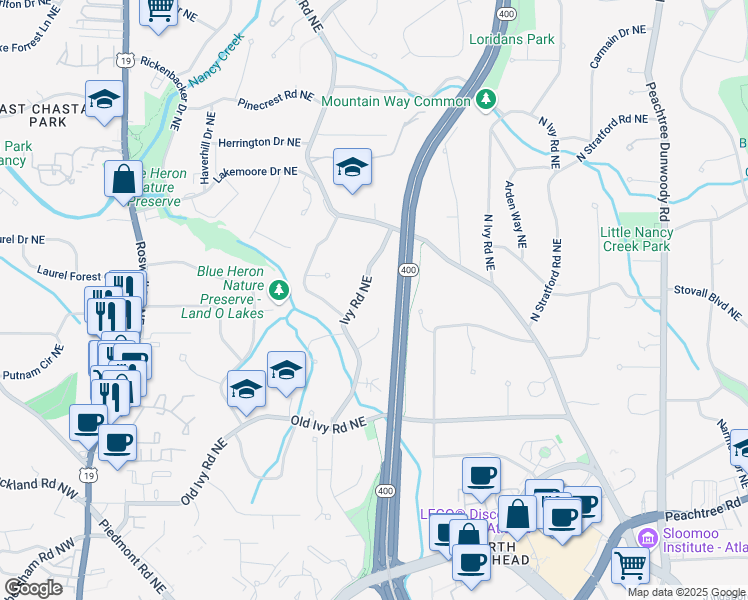 map of restaurants, bars, coffee shops, grocery stores, and more near 3911 Ivy Road Northeast in Atlanta