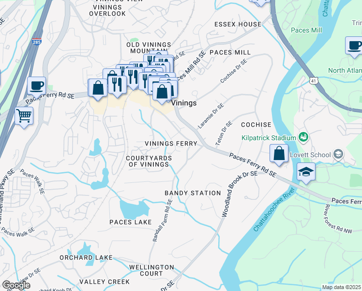 map of restaurants, bars, coffee shops, grocery stores, and more near 3024 Vinings Ferry Drive Southeast in Atlanta