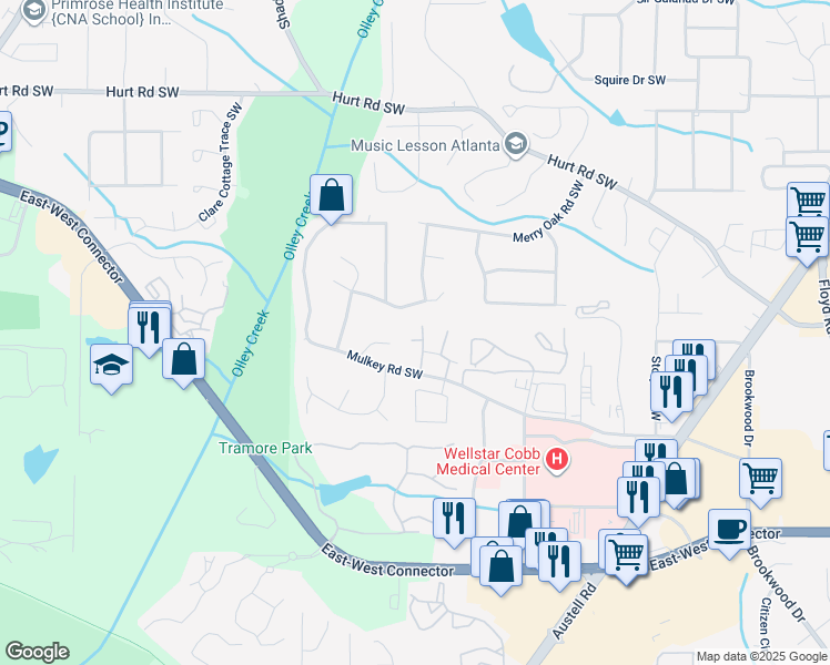 map of restaurants, bars, coffee shops, grocery stores, and more near 3876 Mulkey Circle Southwest in Marietta