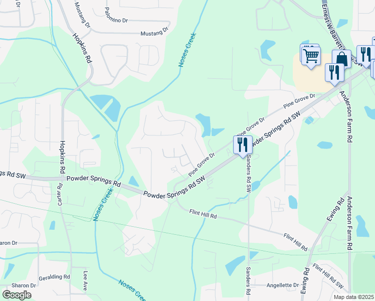 map of restaurants, bars, coffee shops, grocery stores, and more near 3836 Abbott Lane in Powder Springs