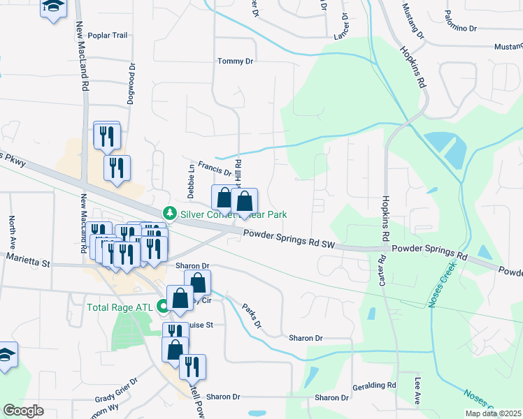 map of restaurants, bars, coffee shops, grocery stores, and more near 3770 Ponderosa Lane in Powder Springs