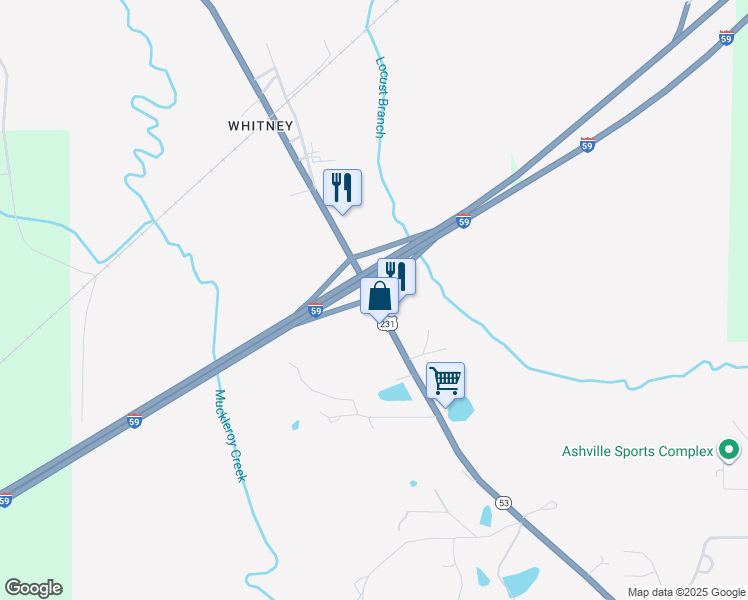 map of restaurants, bars, coffee shops, grocery stores, and more near 36594 U.S. 231 in Ashville