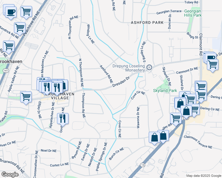 map of restaurants, bars, coffee shops, grocery stores, and more near 1631 Dresden Drive Northeast in Atlanta