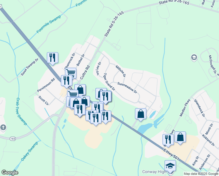 map of restaurants, bars, coffee shops, grocery stores, and more near 2780 U.S. 501 in Conway