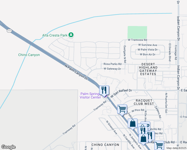 map of restaurants, bars, coffee shops, grocery stores, and more near North Los Felices Road in Palm Springs