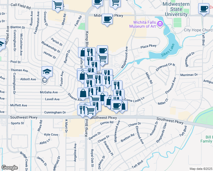 map of restaurants, bars, coffee shops, grocery stores, and more near 4516 Maplewood Avenue in Wichita Falls