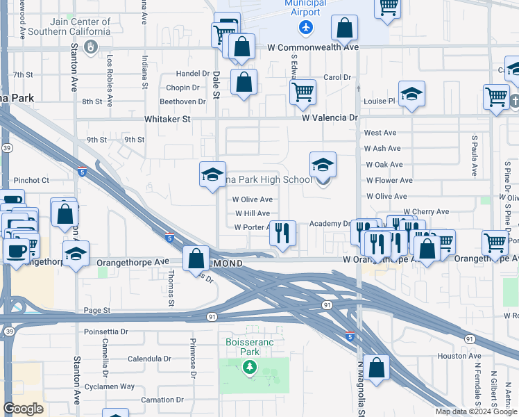 map of restaurants, bars, coffee shops, grocery stores, and more near 4231 West Hill Avenue in Fullerton