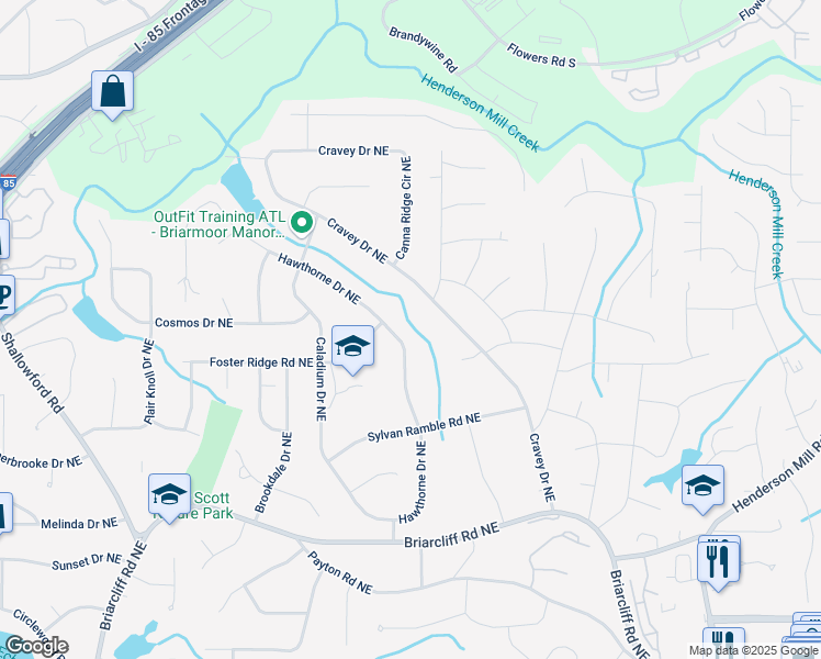 map of restaurants, bars, coffee shops, grocery stores, and more near 2549 Hawthorne Drive Northeast in Atlanta