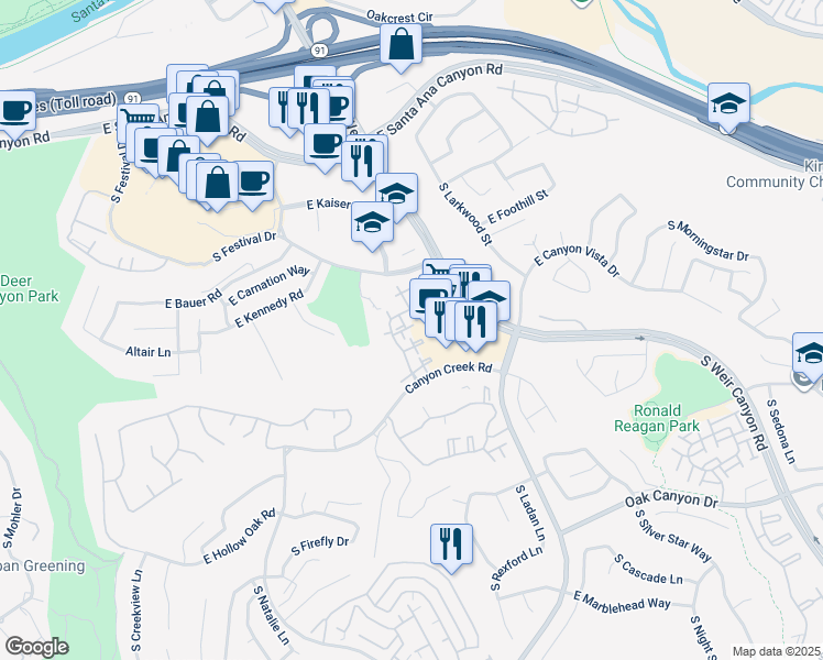 map of restaurants, bars, coffee shops, grocery stores, and more near 8123 East Oak Ridge Circle in Anaheim