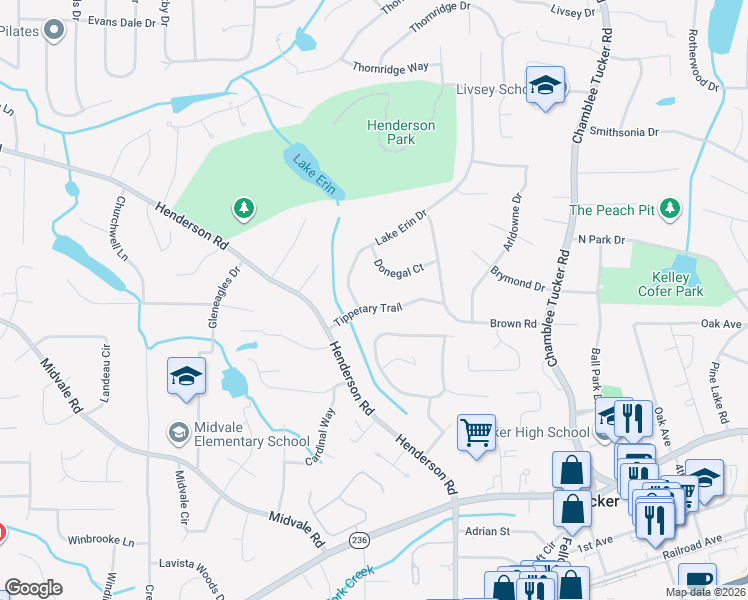 map of restaurants, bars, coffee shops, grocery stores, and more near 3954 Tipperary Trail in Tucker