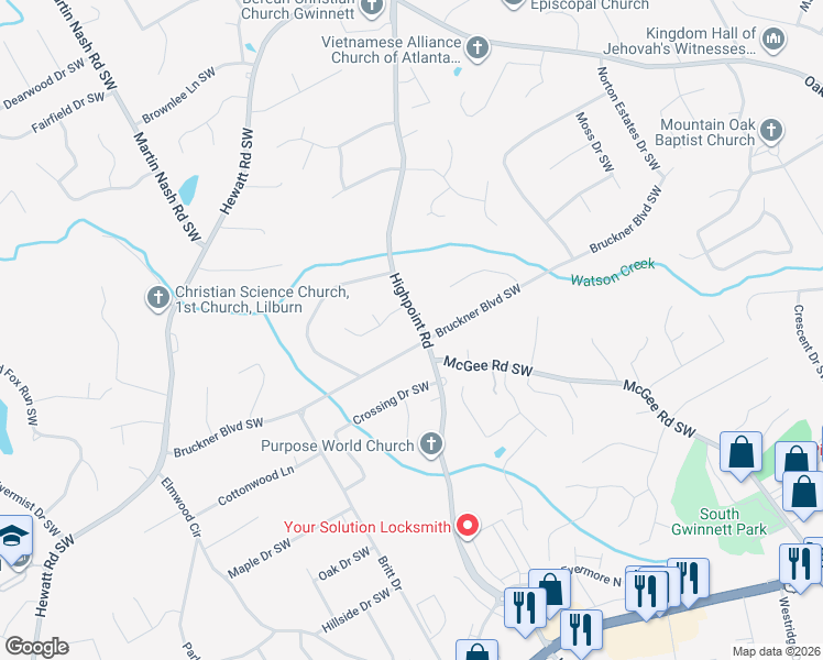 map of restaurants, bars, coffee shops, grocery stores, and more near 3176 Bruckner Boulevard Southwest in Snellville