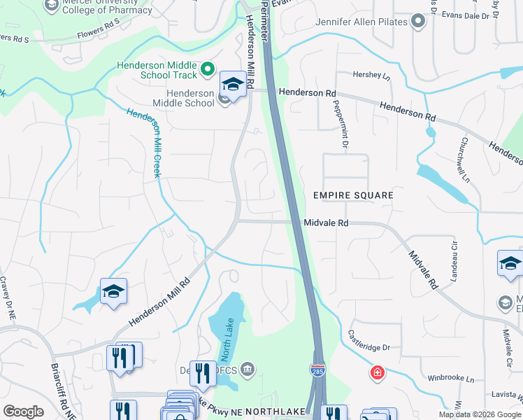 map of restaurants, bars, coffee shops, grocery stores, and more near 3386 Glenrose Trail in Atlanta
