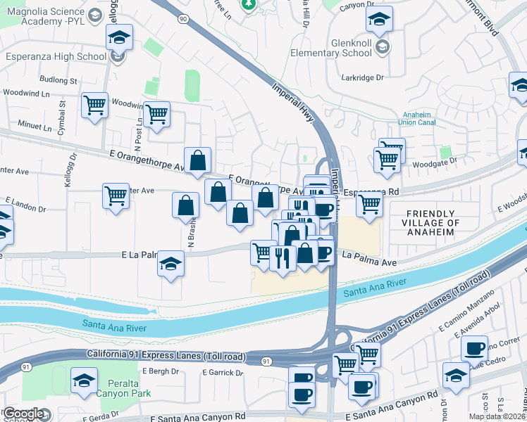 map of restaurants, bars, coffee shops, grocery stores, and more near 5515 East La Palma Avenue in Anaheim