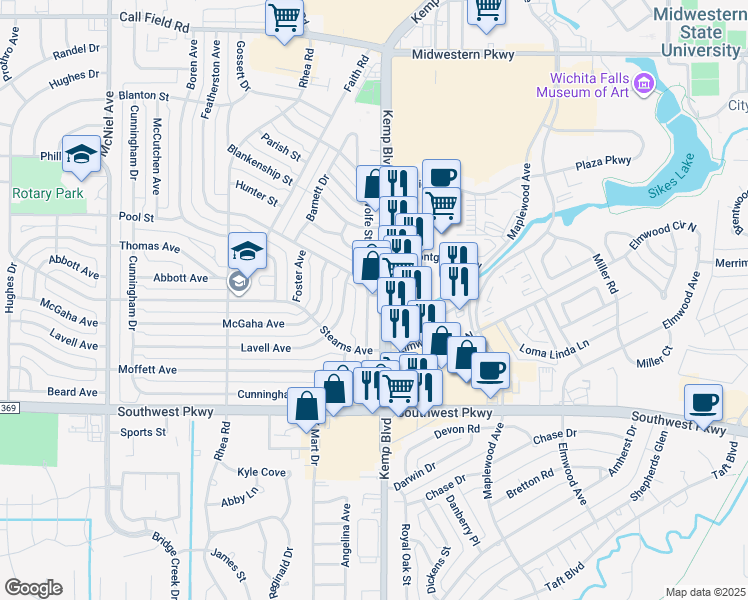 map of restaurants, bars, coffee shops, grocery stores, and more near 2824 Featherston Avenue in Wichita Falls